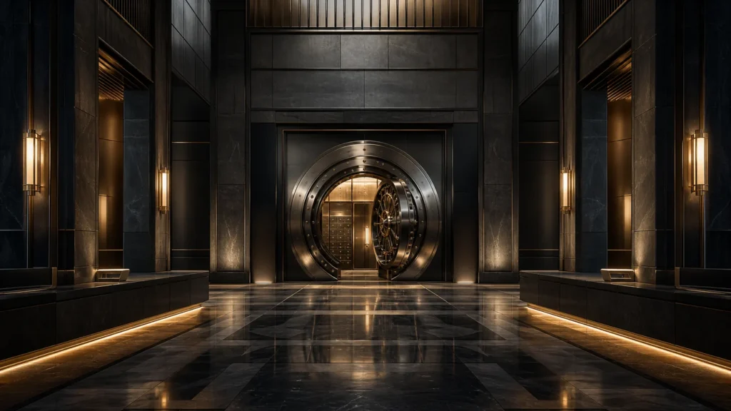 Secure contemporary banking hall with an open institutional vault