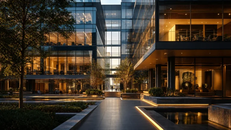 Modern corporate campus with glass offices and warm gold-lit pathways