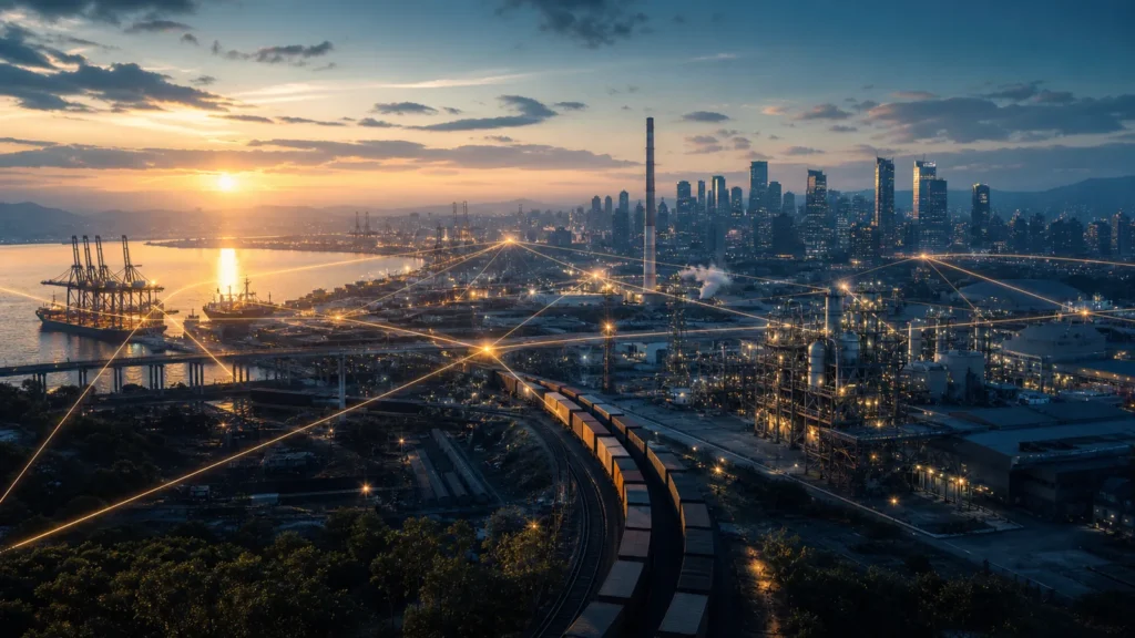 City, port, rail and industrial infrastructure connected by warm golden network lines