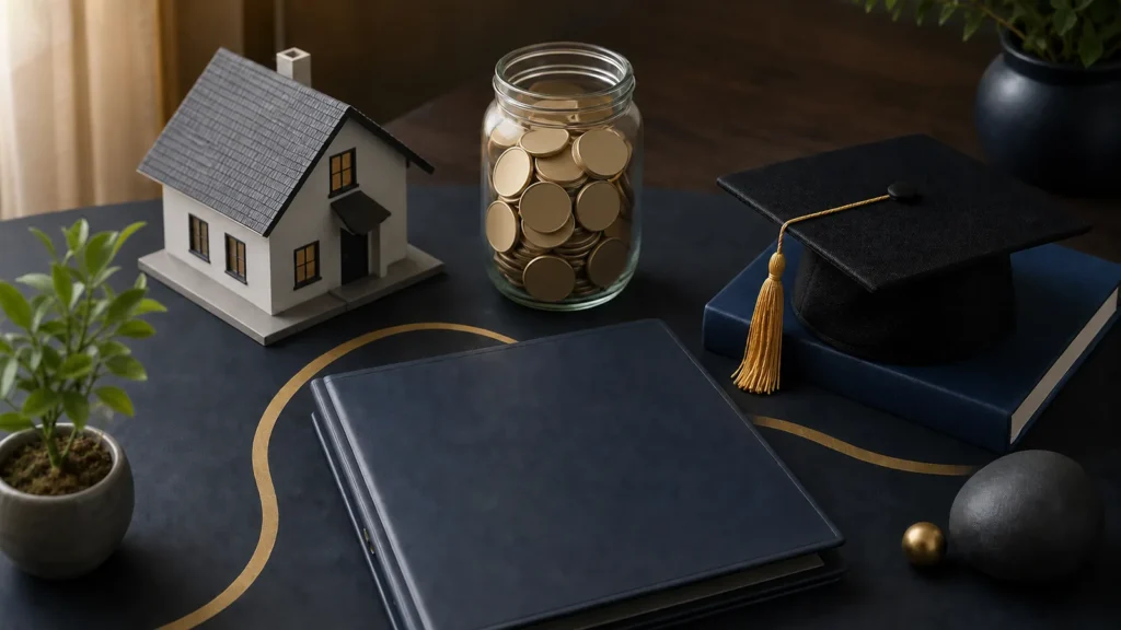 House model, savings jar and graduation cap arranged for household financial planning